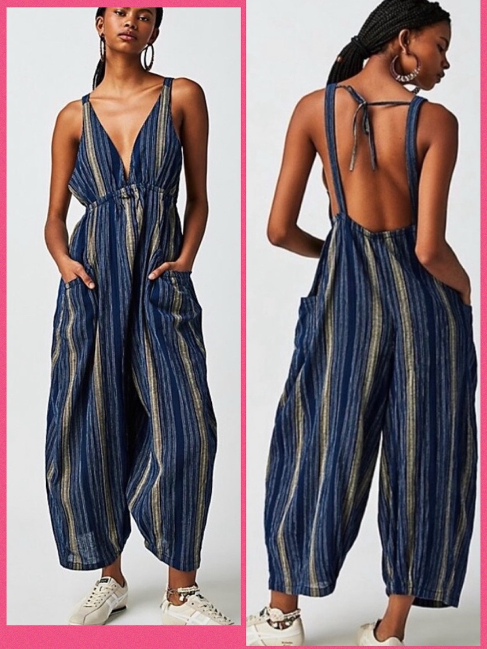 Free People Kind Favor Navy and Beige Striped Deep-V Wide Leg Jumpsuit